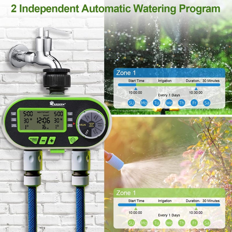 Yardeen 2 Outlet Garden Digital Electronic Water Timer Irrigation Controller for Garden Yard, Green - Image 2